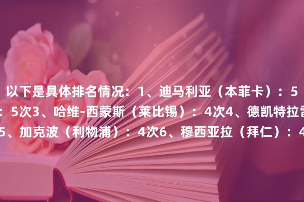 以下是具体排名情况：1、迪马利亚（本菲卡）：5次2、努内斯（曼城）：5次3、哈维-西蒙斯（莱比锡）：4次4、德凯特拉雷（亚特兰大）：4次5、加克波（利物浦）：4次6、穆西亚拉（拜仁）：4次7、扎帕科斯塔（亚特兰大）：4次8、格列兹曼（马竞）：4次9、拉菲尼亚（巴萨）：4次10、阿约克（布雷斯特）：4次    体育赛事直播